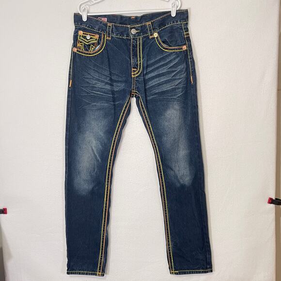 True Religion Vintage Y2K Mens Jeans 34x34 Yellow/Orange Stitching Flap Pocket - Picture 2 of 16